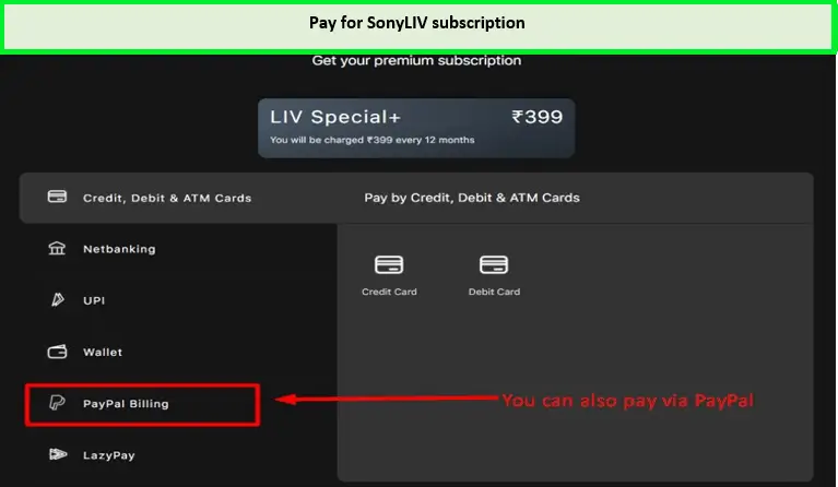 sonyLIV payment via paypal