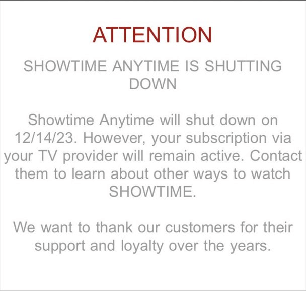 Showtime anytime is shutting down
