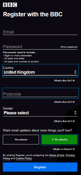 BBC iPlayer Europe Sign up page